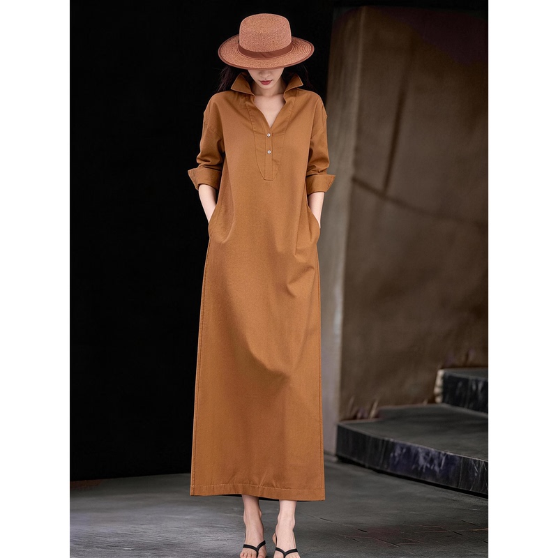 2026 Autumn New Simple Casual Style Coffee Color Dress for Women, Long Sleeve Turn-Down Collar Long Dress, Elegant and Youthful with a High-End Feel