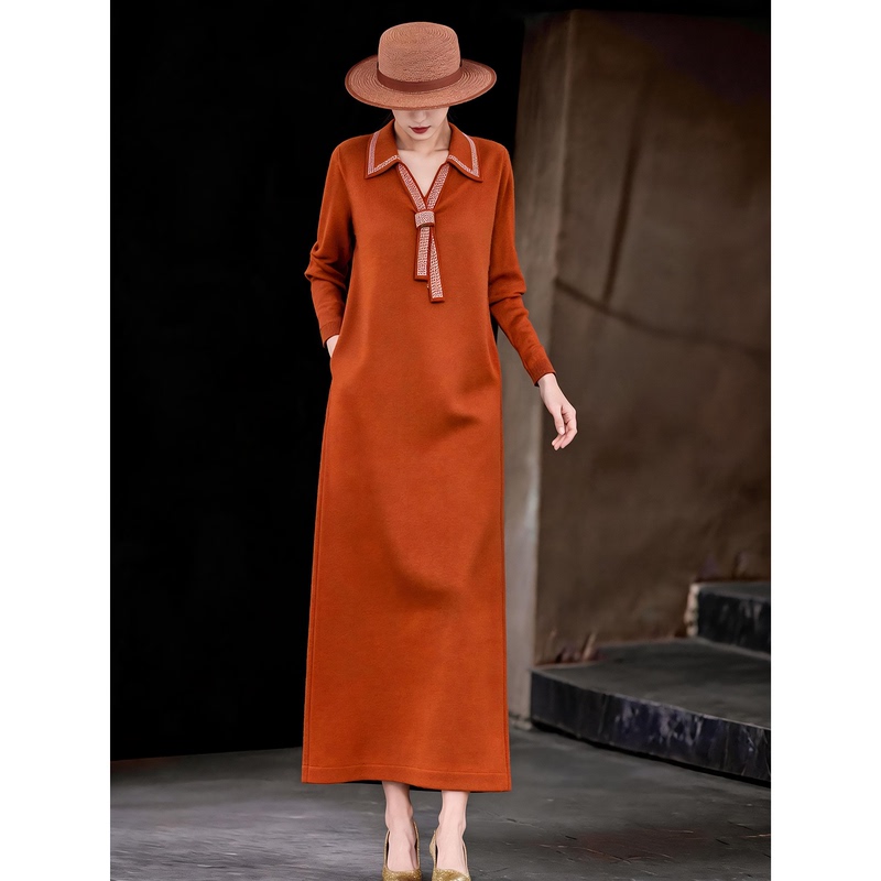 2026 Autumn New Orange Long-Sleeve Dress for Women, Autumn Turn-Down Collar Tie-Up Straight Long Dress with a High-End and Elegant Feel