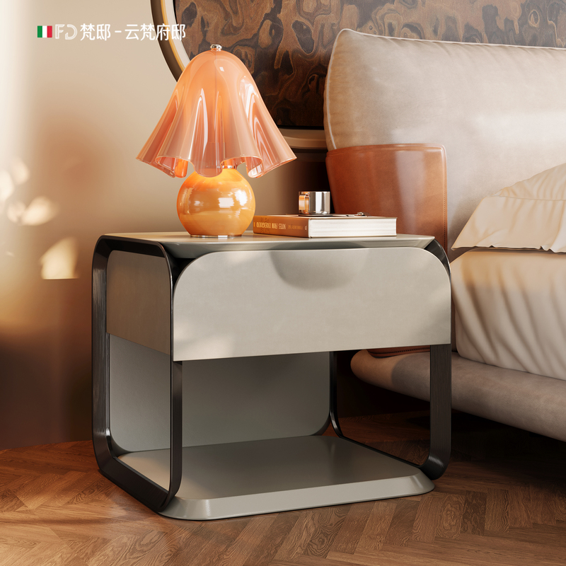 Italian-Style Light Luxury Bedside Table, Black Titanium Bedside Cabinet with Double-Layer Storage, Trendy Small Apartment Bedside Cabinet