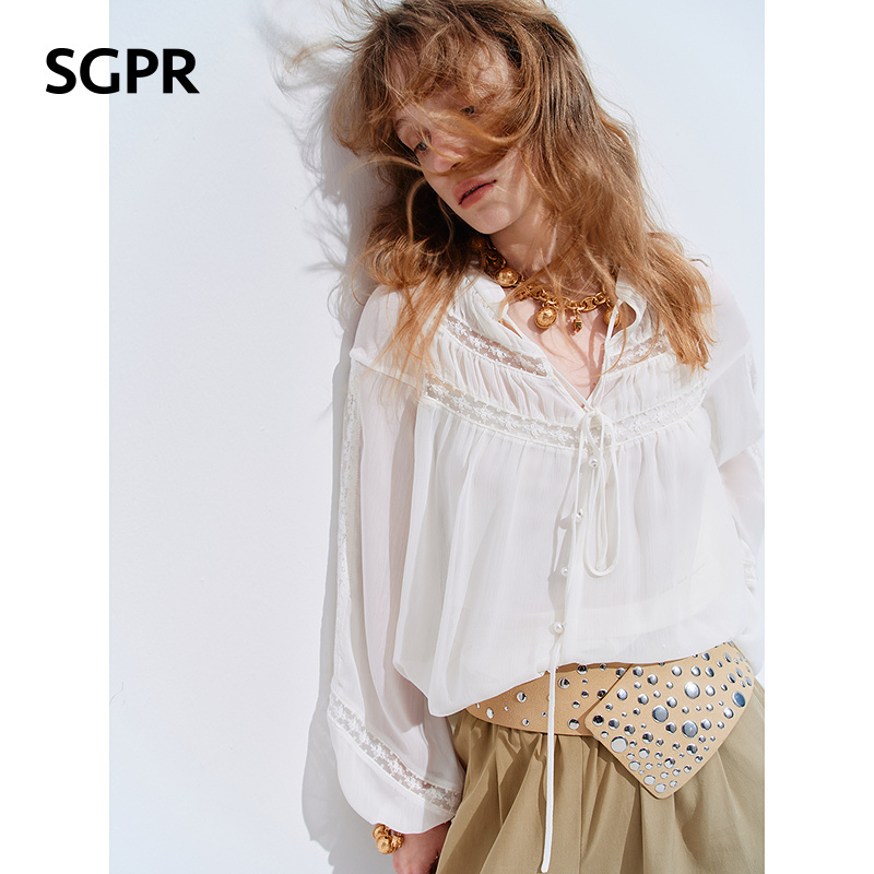 【Sgpr】French Lace Trim Tie-Up Thin White Shirt 26 Autumn New Vintage Loose Long-Sleeve Top 【Sgpr】French Lace Trim Tie-Up Thin White Shirt 26 Autumn New Vintage Loose Long-Sleeve Top