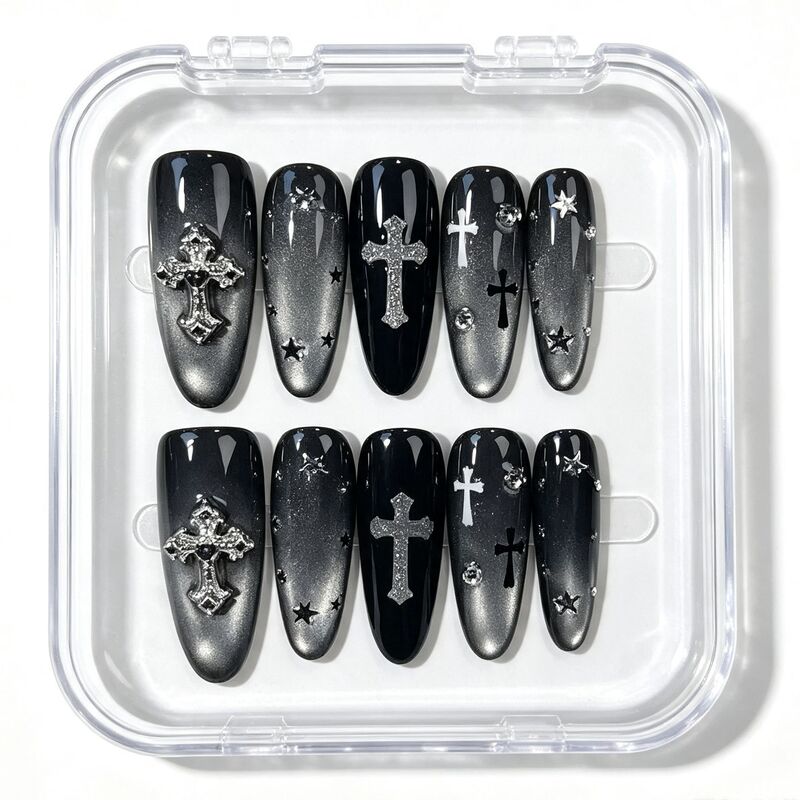 Purely Handmade Silver-Gray Cross Gothic Cat-Eye Cold Light Manicure Starburst Wearable Nails Exquisite Whitening Diamond-Studded Nail Stickers Purely Handmade Silver-Gray Cross Gothic Cat-Eye Cold Light Manicure Starburst Wearable Nails Exquisite Whitening Diamond-Studded Nail Stickers