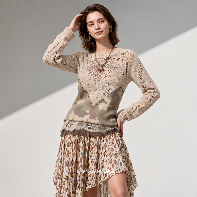 2026 Autumn New Design Off-Shoulder Hollow Knit Sweater Women's Long Sleeve Camouflage Patchwork Lace Loose Top