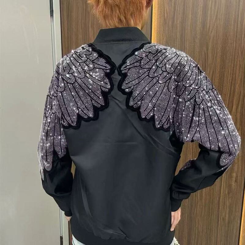 Autumn and Winter American Street Style Internet Celebrity Large Wing Rhinestone Jacket for Men and Women, Loose Casual Versatile Trendy Coat