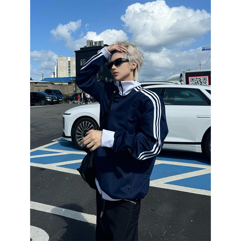 Cleanfit Navy Blue Sports Striped Jacket for Men and Women, Autumn Three-Stripe Color-Blocking Chic Baseball Jacket Sweatshirt