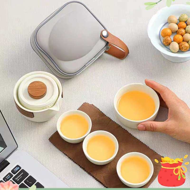 Ru kiln travel tea set set one pot four cups portable outdoor quick cup kung fu teapot teacup printed logo