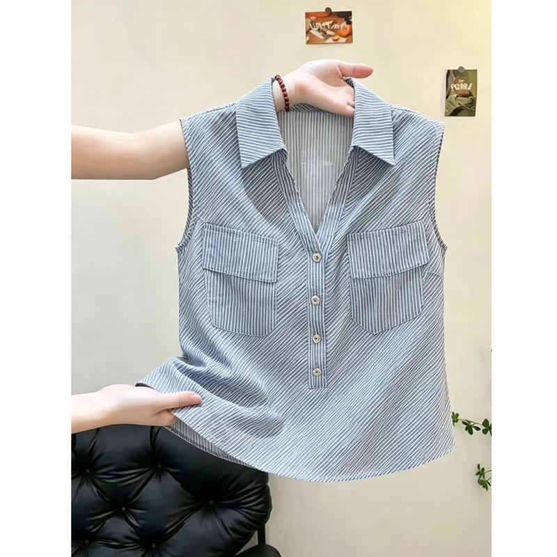 Unique Design Blue Striped Lapel Sleeveless Vest Shirt for Women, New Summer Style, Unique and Simple Commuter Shirt Unique Design Blue Striped Lapel Sleeveless Vest Shirt for Women, New Summer Style, Unique and Simple Commuter Shirt