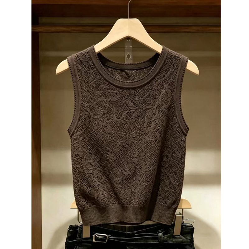 Korean Retro Chestnut Color Round Neck Sleeveless Knitted Vest for Women, New Autumn Style, Simple Loose Fit, Slimming Pullover Top