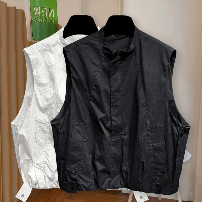 Minimalist Functional Style Stand-Collar Cardigan Vest for Men, Summer Thin Loose Versatile Sleeveless Vest with Zipper Pockets