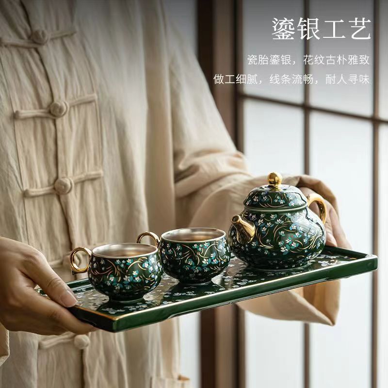 Yinshan Society Silver-Plated Kung Fu Tea Set Chinese Style Teapot Silver Tea Cups One Pot Two Cups Tea Set Tea Tray Gift Box
