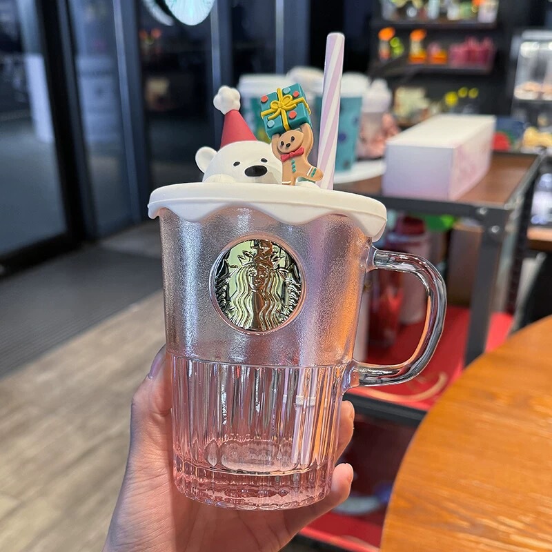Starbucks Cup Gradient Green Glass Copper Stamp Cup with Stirring Stick Embossed Water Cup Coffee Cup Desktop Glass Water Cup