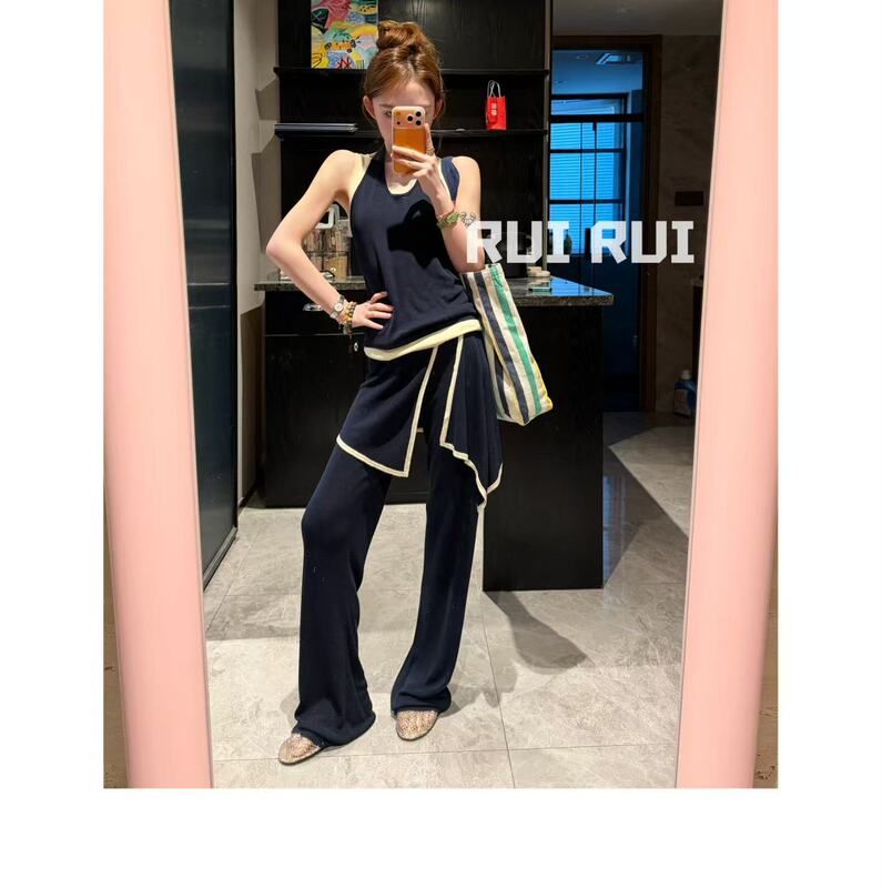 Ruirui Summer Tencel Design Color-Blocked Sleeveless Top + Casual Relaxed Versatile Long Pants Set Tz1796R Ruirui Summer Tencel Design Color-Blocked Sleeveless Top + Casual Relaxed Versatile Long Pants Set Tz1796R