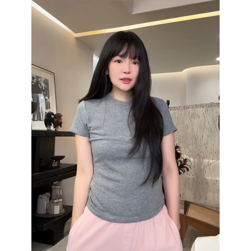 Juchen High-Frequency Easy-To-Match Shaping T-Shirt | Delicate and Skin-Friendly Solid Color Minimalist Style Elastic Autumn and Winter Round Neck Short-Sleeved Top