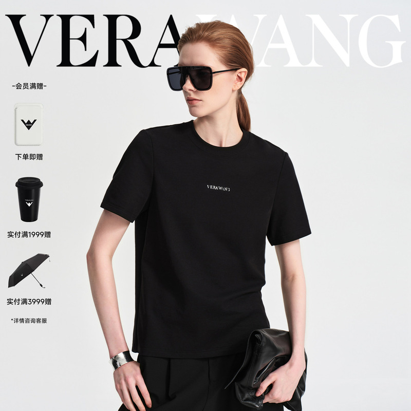 Verawang Black Letter Logo Short-Sleeved T-Shirt for Women, Summer Loose Designer Style, Light Luxury Versatile Top Verawang Black Letter Logo Short-Sleeved T-Shirt for Women, Summer Loose Designer Style, Light Luxury Versatile Top