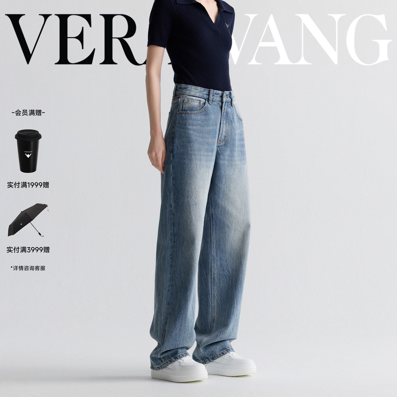 Verawang Retro Blue High-Waisted Jeans for Women, Summer Pure Cotton Designer Style Washed Casual Pants with Long Legs Verawang Retro Blue High-Waisted Jeans for Women, Summer Pure Cotton Designer Style Washed Casual Pants with Long Legs