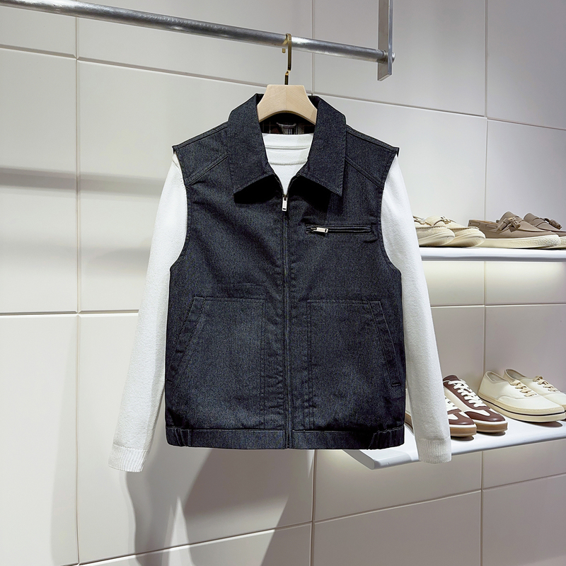Old Money Style Spring and Autumn American Retro Denim Vest Men's Lapel Sleeveless Waistcoat Loose Trendy Brand Jacket