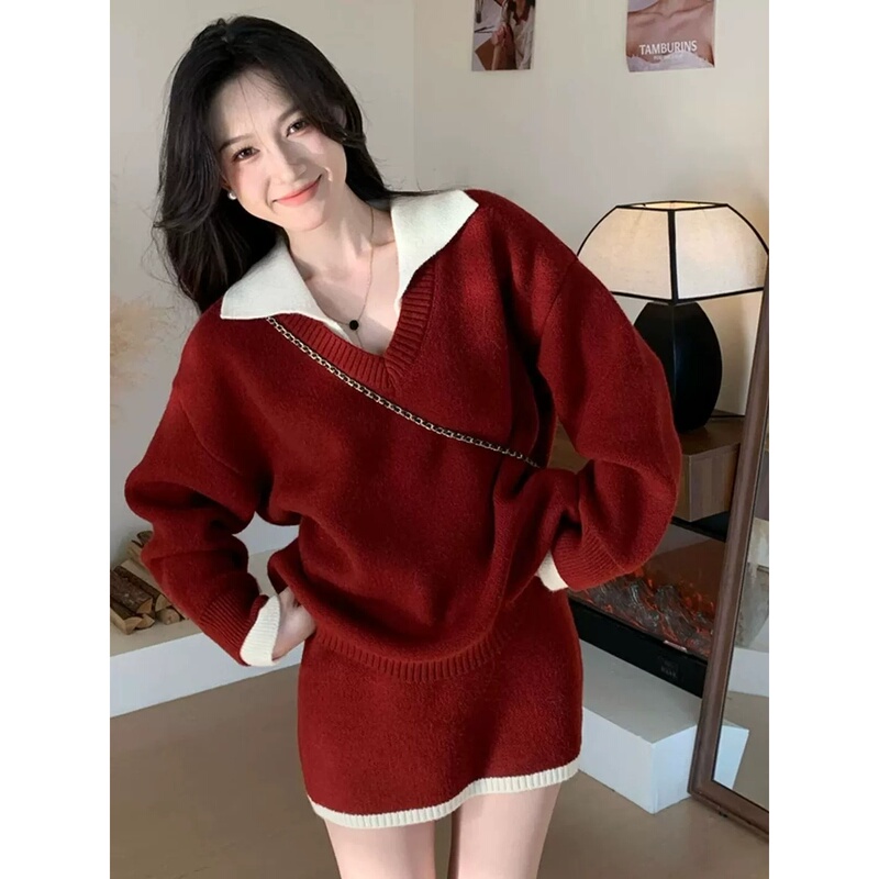 Uamtor Atmospheric Outfit Red Sweater Set for Women, Autumn Style, Loose and Lazy Knitwear, Short Skirt Two-Piece Set Uamtor Atmospheric Outfit Red Sweater Set for Women, Autumn Style, Loose and Lazy Knitwear, Short Skirt Two-Piece Set