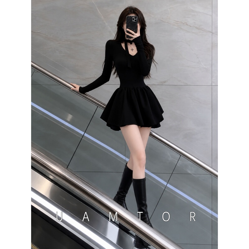 Uamtor French Hepburn Style Black Dress for Women, New Autumn Collection, Petite Waist-Cinching Slimming Puffy Short Skirt