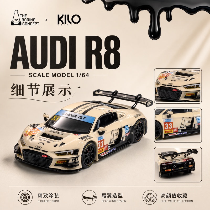 [in Stock, Ready to Ship] Tbc X Kilo1:64 Boring White Original Paint Audi R8 Alloy Car Model