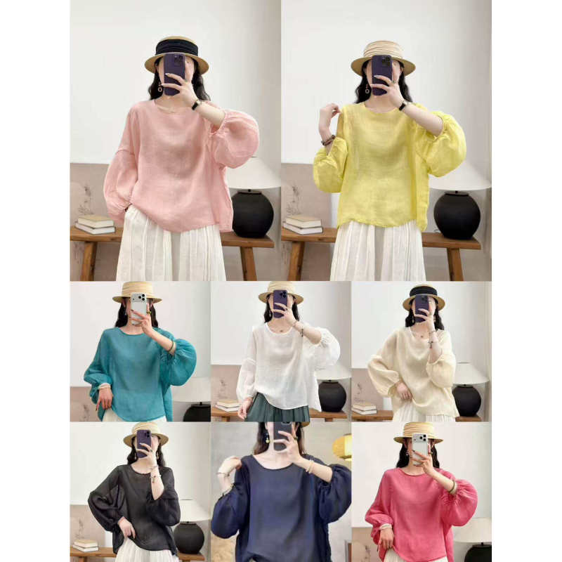 The Price Has Been Set for the New Ramie Long-Sleeve Summer Slimming Lantern Sleeve Women's Casual Simple Collar Loose Shirt 613
