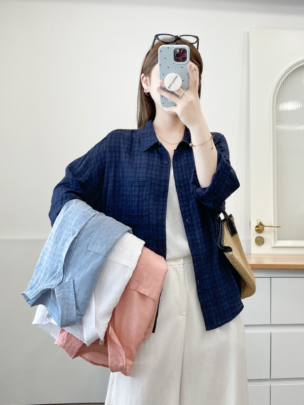 Kongjia New Retro Lazy Style Relaxed Blue Plaid Loose Versatile Shirt Plaid Shirt 160
