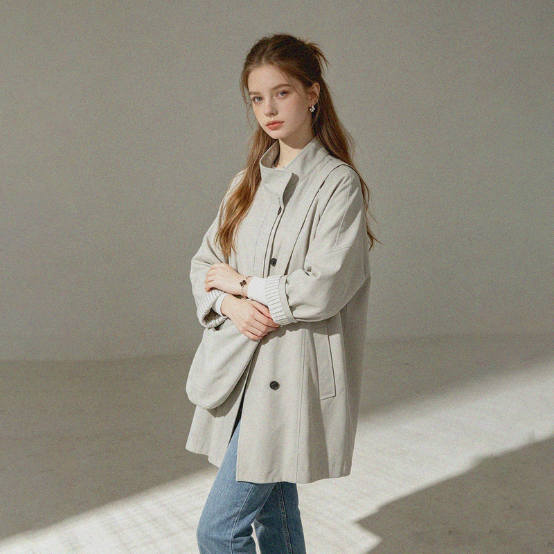 Korean-Style Minimalist Stand-Collar Loose-Fitting Slimming Mid-Length Trench Coat for Women, Autumn Commuting Versatile Parka, Elegant Outerwear
