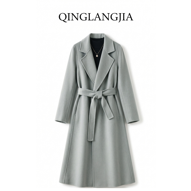 Double-Sided Wool Coat for Women, Long Cashmere Coat with Suit Collar, Long Woolen Coat with Belt for Women