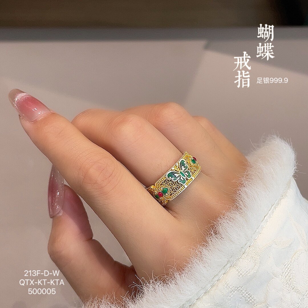 Pure silver 999.9 enamel butterfly gold ring for women