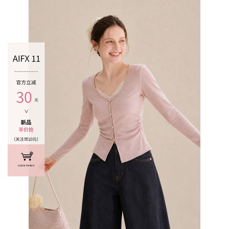 Aifx11 Pink Sweet Style V Neck Lace Splicing Long-Sleeved T-Shirt for Women Autum Pleated Waist Slimming Look Top Aifx11 Pink Sweet Style V Neck Lace Splicing Long-Sleeved T-Shirt for Women Autum Pleated Waist Slimming Look Top