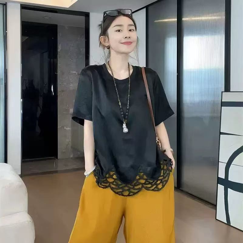 07-19【Bust 128, Length 64】Round Neck Lace Trim Mid-Sleeve Pullover Black Shirt for Women A1507 07-19【Bust 128, Length 64】Round Neck Lace Trim Mid-Sleeve Pullover Black Shirt for Women A1507