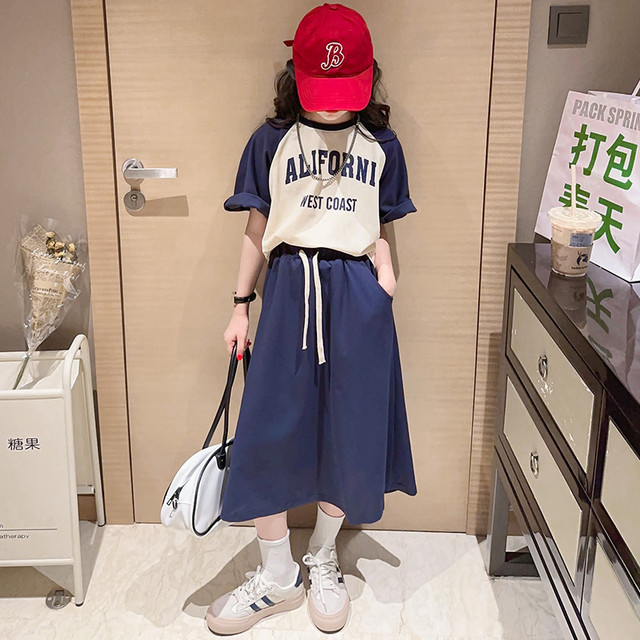 Clearance girls' short-sleeved suit skirt summer dress 2023 new foreign style children's Korean version of the middle and big children's skirt clothes