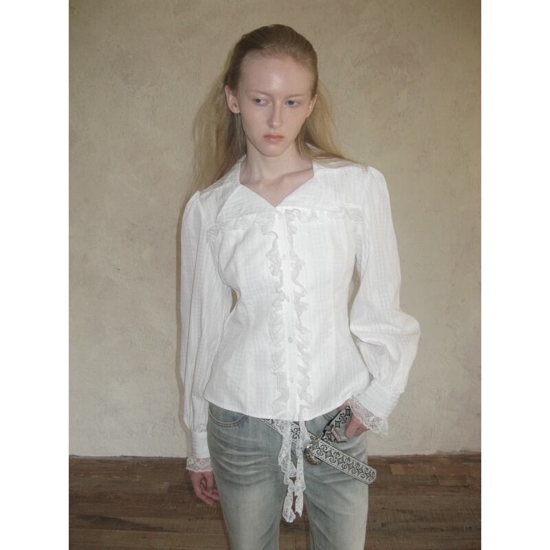 Wilddream Vintage Lace Long Hem Irregular Collar White Long Sleeve Shirt for Women Autumn Wilddream Vintage Lace Long Hem Irregular Collar White Long Sleeve Shirt for Women Autumn