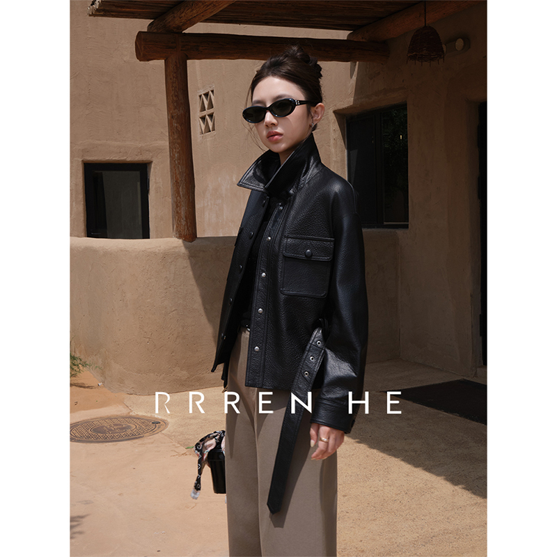 Rrren He【Milan】Black Short Coat Made of Sheepskin Genuine Leather with a Belt to Cinch the Waist, Leather Jacket Short Top