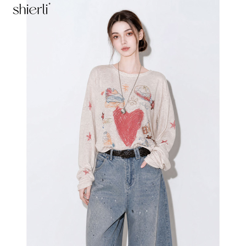 Shierli Hand-Painted Cute Pattern Apricot Pink Long-Sleeved T-Shirt 26 Autum New Loose, Simple and Versatile Top