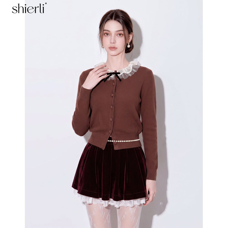 Shierli Gentle and Elegant Lotus Leaf Collar Long-Sleeved Knitted Cardigan 2026 Autum New Style Waist-Cinching Age-Reducing Top