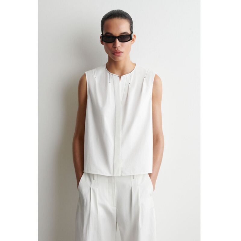 2026 Summer New Women's Shirt Standard Fit Casual Pleated Sleeveless Top White C1334817001