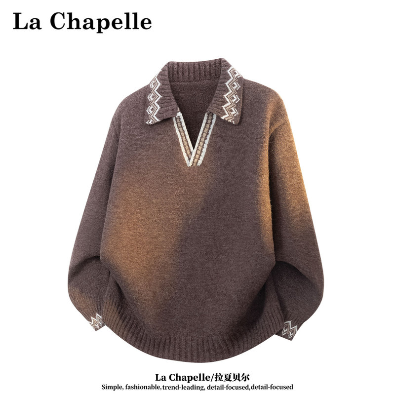 La Chapelle Ethnic Style Color-Block V-Neck Sweater for Women, New Autumn American Fashion Brand Old Money Style Knitwear Sweatshirt