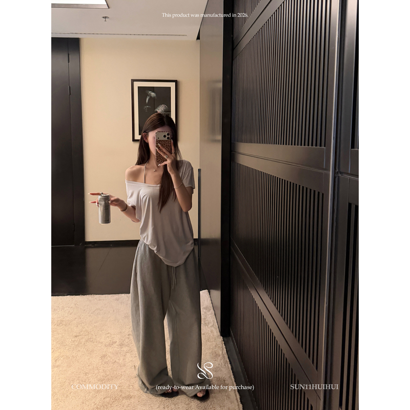 Sun11【Quick Outfit】Off-Shoulder T-Shirt and Wide-Leg Casual Pants for Women, Summer Korean Style, Lazy and Versatile Loose Set Sun11【Quick Outfit】Off-Shoulder T-Shirt and Wide-Leg Casual Pants for Women, Summer Korean Style, Lazy and Versatile Loose Set