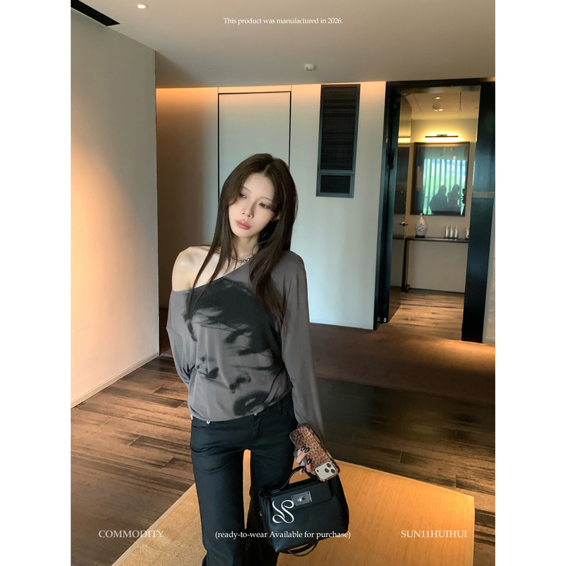 Sun11【Mist Gray Portrait T】Gray Printed Round Neck Drop Shoulder T-Shirt for Women, Autumn Loose High-End Lazy Style Top