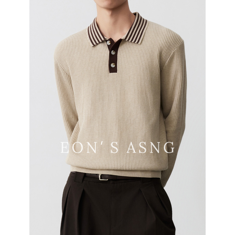 Cheng'An Eon's "Vertical Stripe" British Retro Color-Block Striped Collar Solid Color Long-Sleeve Knit Sweater for Men