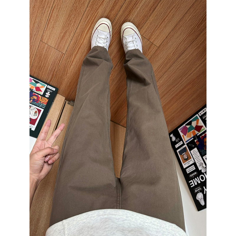Men's Brown Coffee-Colored Pants, Autumn and Winter American Retro Washed Pure Cotton Wide-Leg Straight Work Pants Men's Brown Coffee-Colored Pants, Autumn and Winter American Retro Washed Pure Cotton Wide-Leg Straight Work Pants