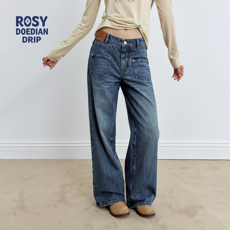 Rosydoedian Zhao Lusi Style Old Money Style Front Pocket Deconstructed Split Design Denim Straight-Leg Pants for Women Autumn