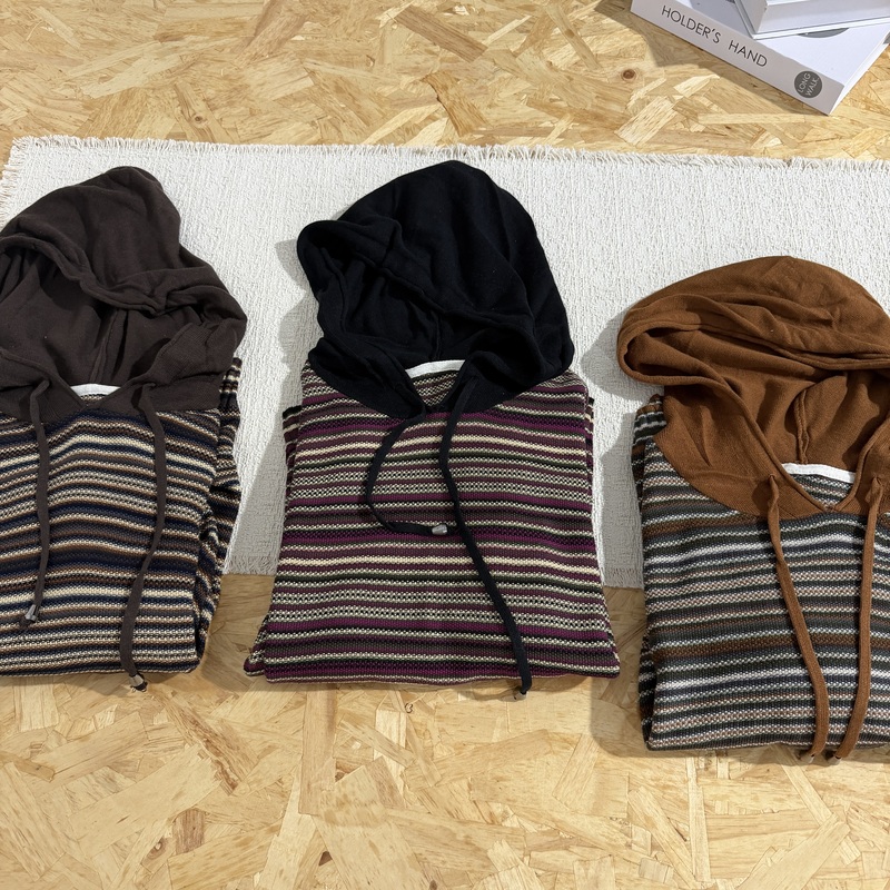 Colorful Yarn Sweater~2026 Autumn New Style Artistic Colorful Striped Hooded Knitwear for Women 822 H82106
