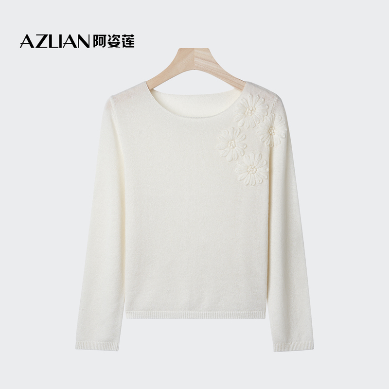 Azilian Cashmere Sweater with Three-Dimensional Floral Design, Round Neck, Long Sleeves, Knitted Pullover for Women, Gentle Style, Elegant Sweater