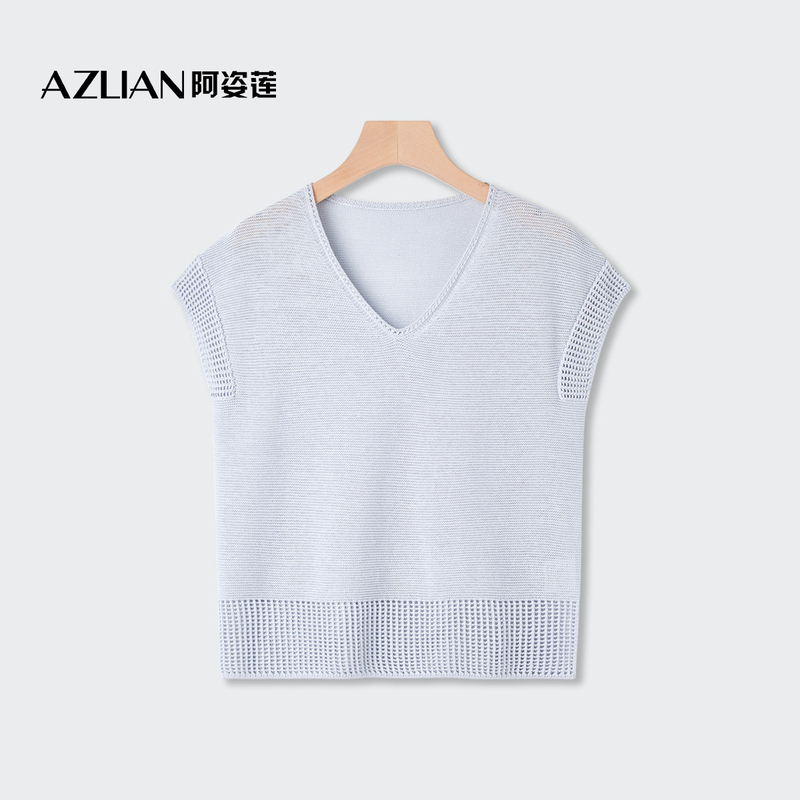 Azilian Bingyu Blue V-Neck Short Sleeve Mulberry Silk Hollow Knit Top Women's Summer Simple Elegant Soft Blouse