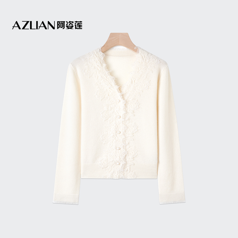 Azilian Socialite Style Cashmere V-Neck Lace Trim Knitted Cardigan for Women, Elegant, Slimming, Comfortable Sweater Coat