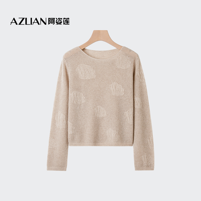 Azilian Cashmere Hollow Texture Women's Round Neck Sweater with Mulberry Silk, Elegant and Graceful Long-Sleeve Knit Top
