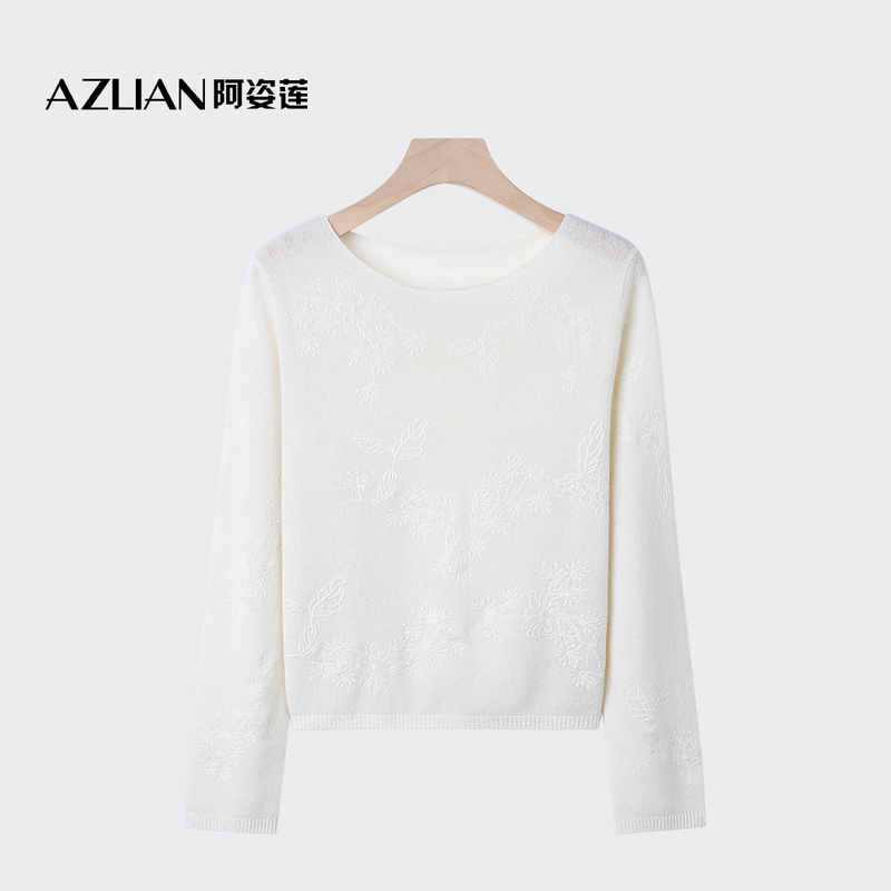 Azilian High-End Embroidered Round-Neck Cashmere Sweater for Women, Long-Sleeved Pullover Knitwear, Elegant and Graceful Top