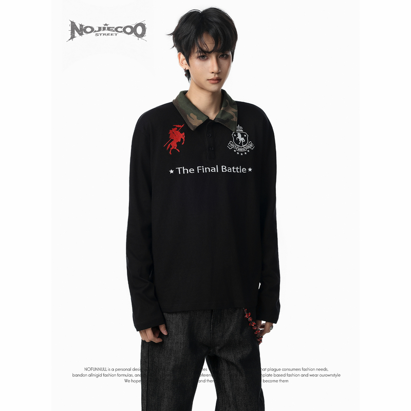 Nojiecoo American Retro War Horse Embroidered Camouflage Lapel Polo Shirt for Men and Women, Loose Long-Sleeved Slimming Top