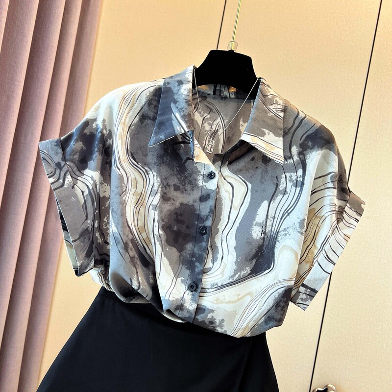 58465【Ink Wash Printing】Ink Wash Printing Flutter Sleeve Printed Shirt 58465【Ink Wash Printing】Ink Wash Printing Flutter Sleeve Printed Shirt