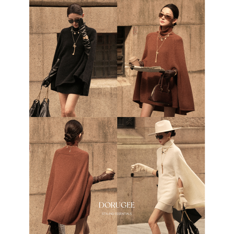 Dorugee "Jane Eyre" Autumn and Winter French Simple and Lazy High-Neck Batwing Sleeve Cape Knit Sweater Short Skirt Set
